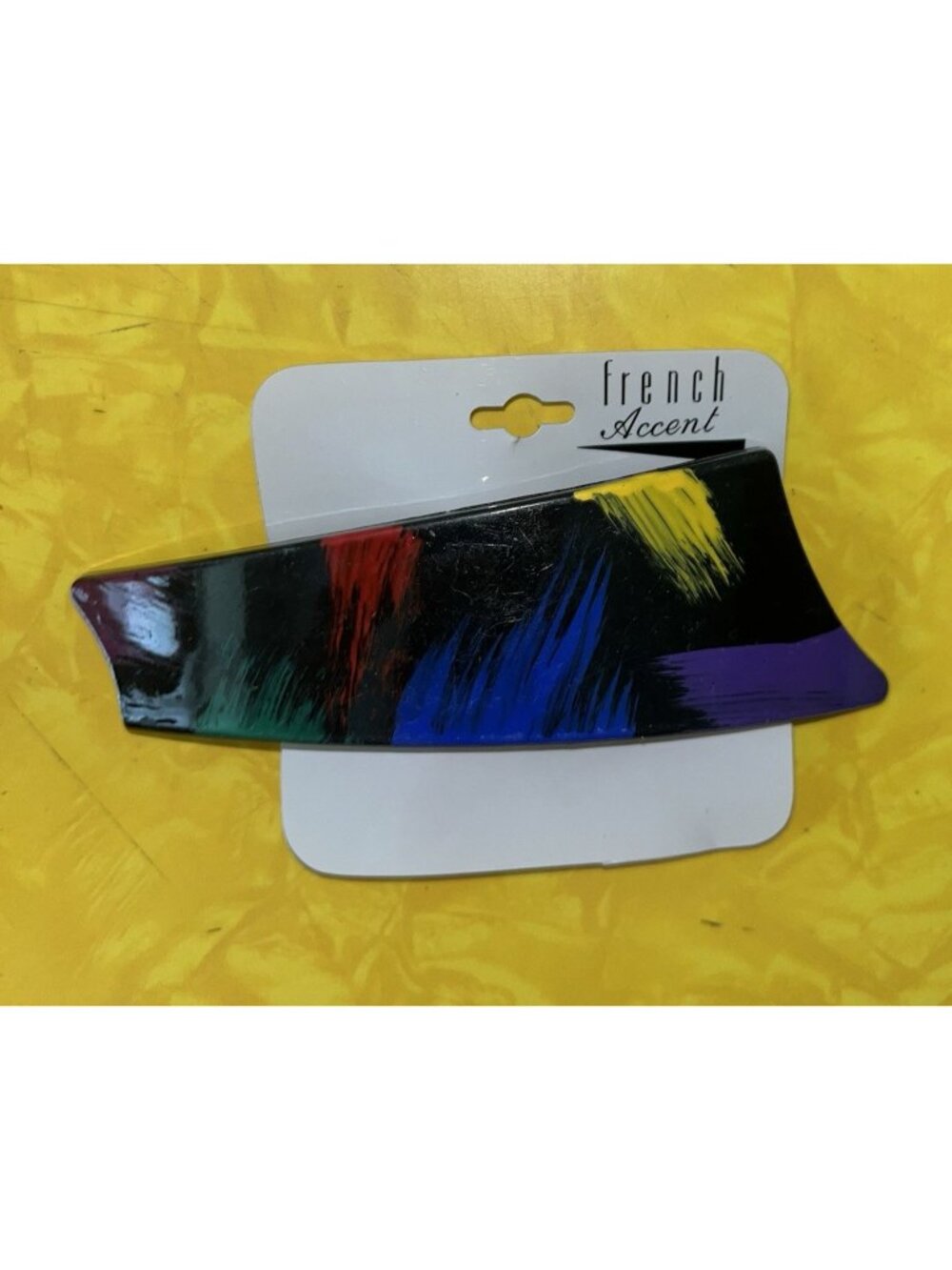 Vintage Hair Barrette Abstract Brushstroke Print Plastic Black with Multicolor N